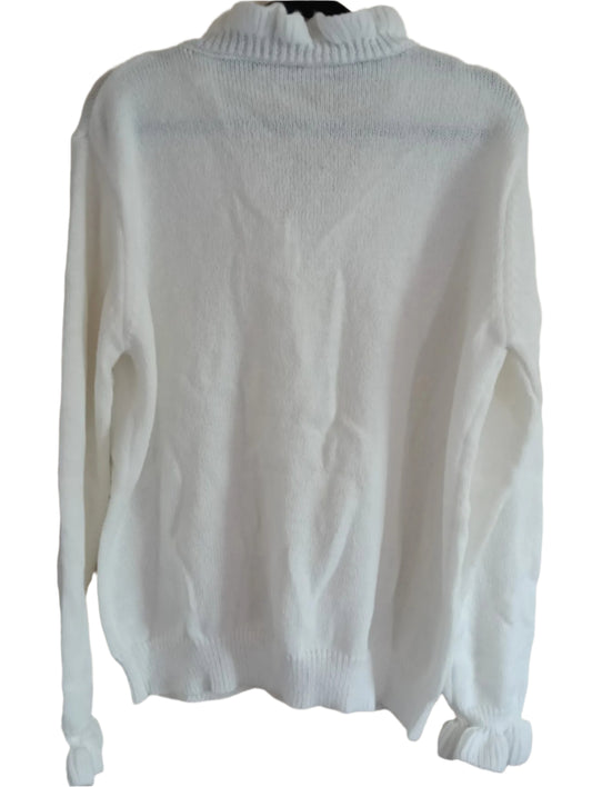Off White Jumper with Ruffle Neck and Faux Pearl Button Detail