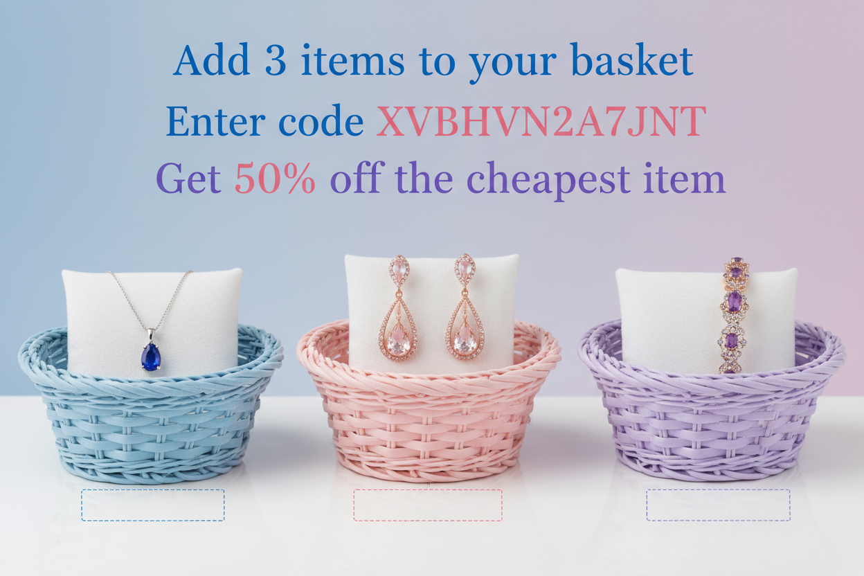 Just add 3 items to your basket to and enter this code XVBHVN2A7JNT to get 50% off the cheapest item  in blue pink lilac colours add jewellery baskets and price tag outlines
